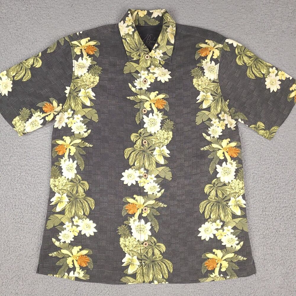 Tommy Bahama Shirt Mens Medium Gray Floral Hawaiian‎ Button Down Silk Camp Beach